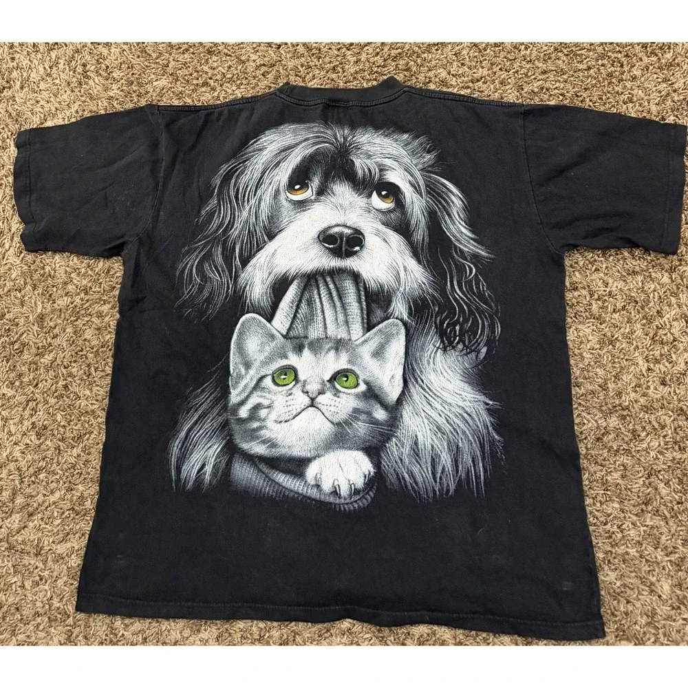 Vintage Y2K Michael Athletic Dept Dog And Cat T-Shirt Black Double Sided Sz XL